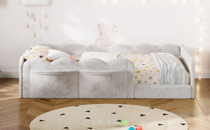 English Elm Twin Low Profile Floor Bed with Plush Rabbit Fabric Guardrails and Storage Pockets Light Gray SF000224AAE