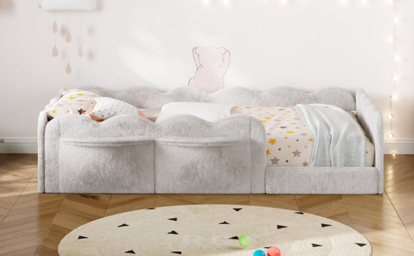 English Elm Twin Low Profile Floor Bed with Plush Rabbit Fabric Guardrails and Storage Pockets Light Gray SF000224AAE