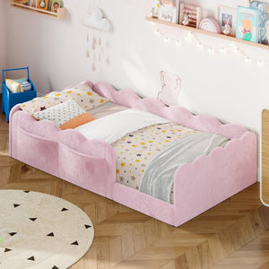 English Elm Twin Low Profile Floor Bed with Plush Rabbit Fabric Guardrails and Storage Pockets Pink SF000224AAH