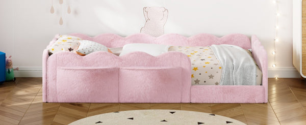 English Elm Twin Low Profile Floor Bed with Plush Rabbit Fabric Guardrails and Storage Pockets Pink SF000224AAH