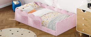 English Elm Twin Low Profile Floor Bed with Plush Rabbit Fabric Guardrails and Storage Pockets Pink SF000224AAH