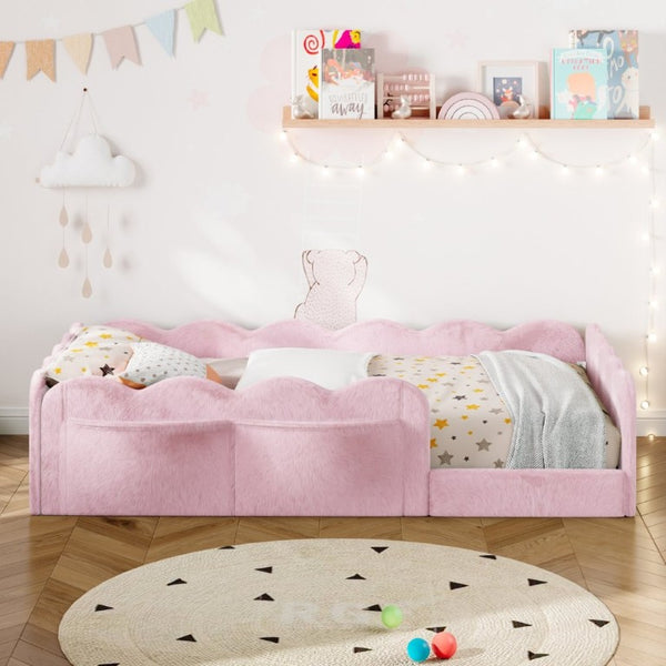 English Elm Twin Low Profile Floor Bed with Plush Rabbit Fabric Guardrails and Storage Pockets Pink SF000224AAH