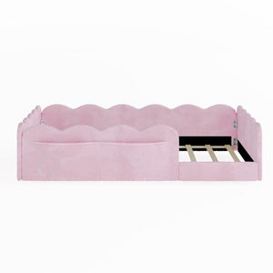 English Elm Twin Low Profile Floor Bed with Plush Rabbit Fabric Guardrails and Storage Pockets Pink SF000224AAH