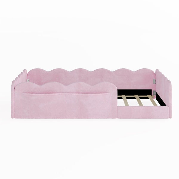 English Elm Twin Low Profile Floor Bed with Plush Rabbit Fabric Guardrails and Storage Pockets Pink SF000224AAH