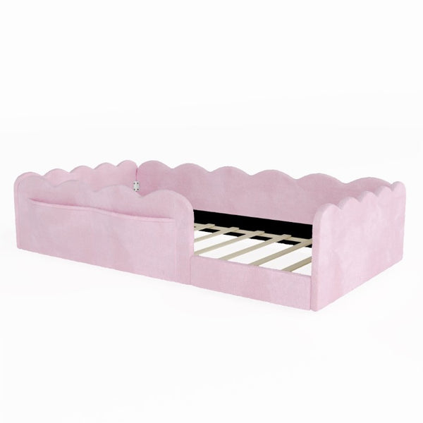English Elm Twin Low Profile Floor Bed with Plush Rabbit Fabric Guardrails and Storage Pockets Pink SF000224AAH