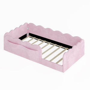 English Elm Twin Low Profile Floor Bed with Plush Rabbit Fabric Guardrails and Storage Pockets Pink SF000224AAH