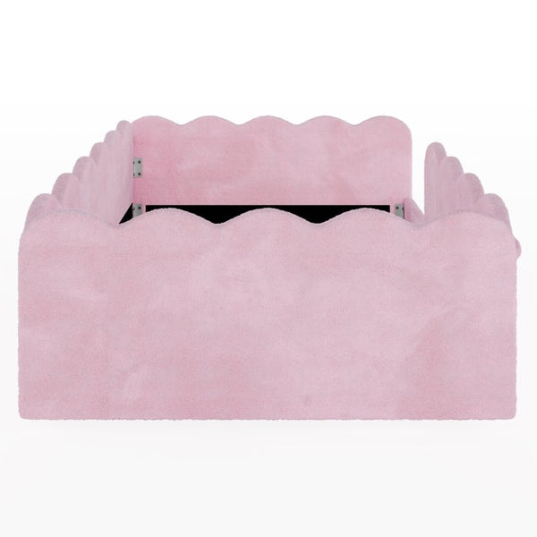 English Elm Twin Low Profile Floor Bed with Plush Rabbit Fabric Guardrails and Storage Pockets Pink SF000224AAH