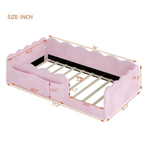 English Elm Twin Low Profile Floor Bed with Plush Rabbit Fabric Guardrails and Storage Pockets Pink SF000224AAH