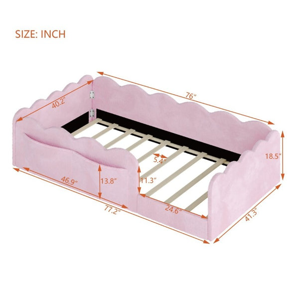 English Elm Twin Low Profile Floor Bed with Plush Rabbit Fabric Guardrails and Storage Pockets Pink SF000224AAH