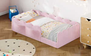 English Elm Twin Low Profile Floor Bed with Plush Rabbit Fabric Guardrails and Storage Pockets Pink SF000224AAH