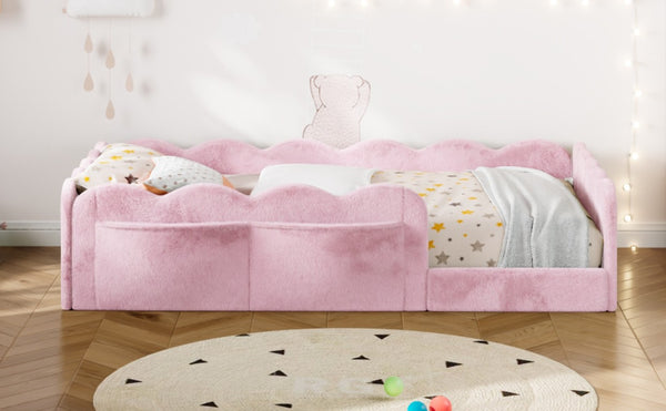 English Elm Twin Low Profile Floor Bed with Plush Rabbit Fabric Guardrails and Storage Pockets Pink SF000224AAH