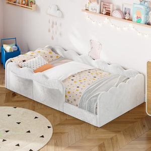 English Elm Twin Low Profile Floor Bed with Plush Rabbit Fabric Guardrails and Storage Pockets White SF000224AAK