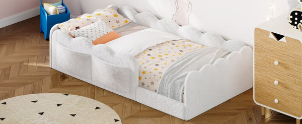 English Elm Twin Low Profile Floor Bed with Plush Rabbit Fabric Guardrails and Storage Pockets White SF000224AAK