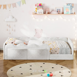 English Elm Twin Low Profile Floor Bed with Plush Rabbit Fabric Guardrails and Storage Pockets White SF000224AAK