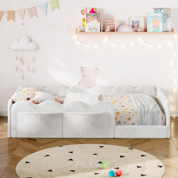 English Elm Twin Low Profile Floor Bed with Plush Rabbit Fabric Guardrails and Storage Pockets White SF000224AAK