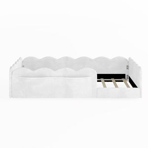 English Elm Twin Low Profile Floor Bed with Plush Rabbit Fabric Guardrails and Storage Pockets White SF000224AAK