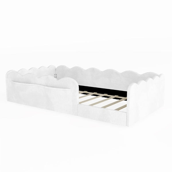 English Elm Twin Low Profile Floor Bed with Plush Rabbit Fabric Guardrails and Storage Pockets White SF000224AAK
