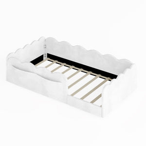 English Elm Twin Low Profile Floor Bed with Plush Rabbit Fabric Guardrails and Storage Pockets White SF000224AAK