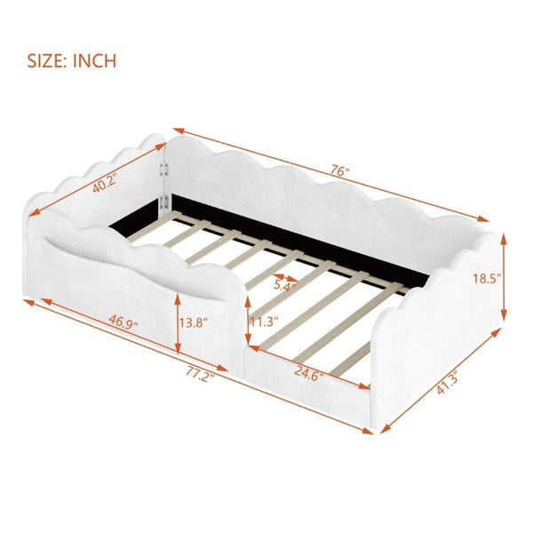 English Elm Twin Low Profile Floor Bed with Plush Rabbit Fabric Guardrails and Storage Pockets White SF000224AAK