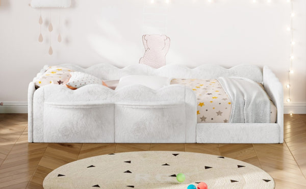 English Elm Twin Low Profile Floor Bed with Plush Rabbit Fabric Guardrails and Storage Pockets White SF000224AAK