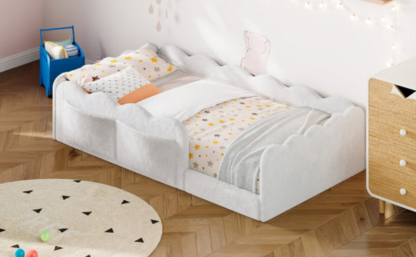 English Elm Twin Low Profile Floor Bed with Plush Rabbit Fabric Guardrails and Storage Pockets White SF000224AAK