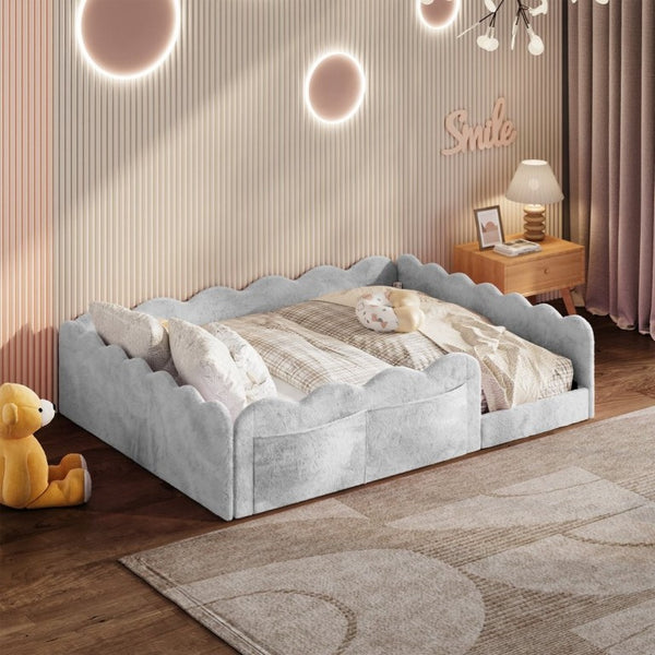 English Elm Full Size Kids Floor Bed Plush Upholstered Frame with Padded Wave Guardrails Light Gray SF000225AAE