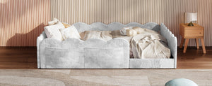 English Elm Full Size Kids Floor Bed Plush Upholstered Frame with Padded Wave Guardrails Light Gray SF000225AAE