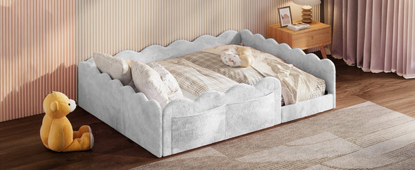 English Elm Full Size Kids Floor Bed Plush Upholstered Frame with Padded Wave Guardrails Light Gray SF000225AAE