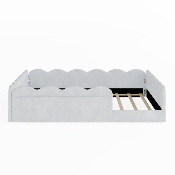 English Elm Full Size Kids Floor Bed Plush Upholstered Frame with Padded Wave Guardrails Light Gray SF000225AAE