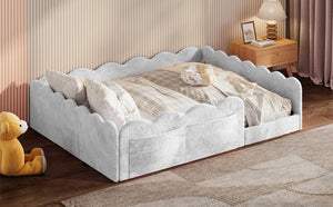English Elm Full Size Kids Floor Bed Plush Upholstered Frame with Padded Wave Guardrails Light Gray SF000225AAE