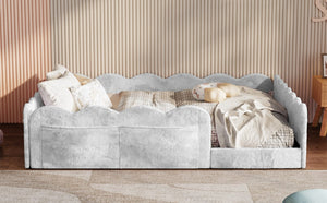 English Elm Full Size Kids Floor Bed Plush Upholstered Frame with Padded Wave Guardrails Light Gray SF000225AAE