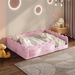 English Elm Full Size Kids Floor Bed Plush Upholstered Frame with Padded Wave Guardrails Pink SF000225AAH