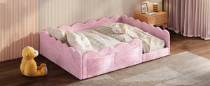 English Elm Full Size Kids Floor Bed Plush Upholstered Frame with Padded Wave Guardrails Pink SF000225AAH