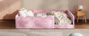 English Elm Full Size Kids Floor Bed Plush Upholstered Frame with Padded Wave Guardrails Pink SF000225AAH