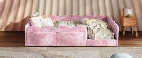 English Elm Full Size Kids Floor Bed Plush Upholstered Frame with Padded Wave Guardrails Pink SF000225AAH