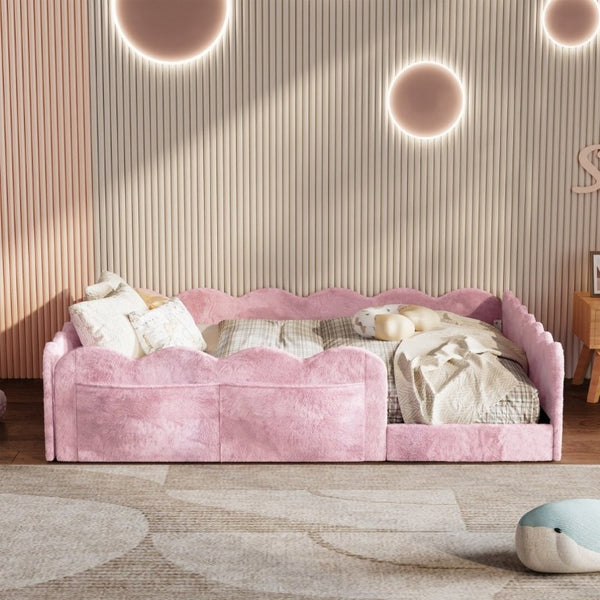 English Elm Full Size Kids Floor Bed Plush Upholstered Frame with Padded Wave Guardrails Pink SF000225AAH