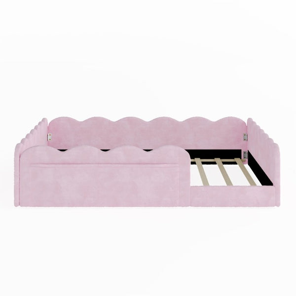 English Elm Full Size Kids Floor Bed Plush Upholstered Frame with Padded Wave Guardrails Pink SF000225AAH