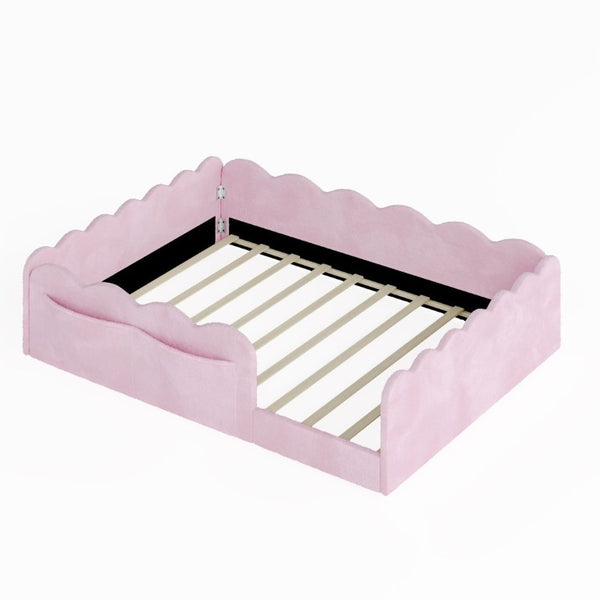 English Elm Full Size Kids Floor Bed Plush Upholstered Frame with Padded Wave Guardrails Pink SF000225AAH