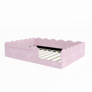 English Elm Full Size Kids Floor Bed Plush Upholstered Frame with Padded Wave Guardrails Pink SF000225AAH