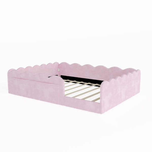 English Elm Full Size Kids Floor Bed Plush Upholstered Frame with Padded Wave Guardrails Pink SF000225AAH