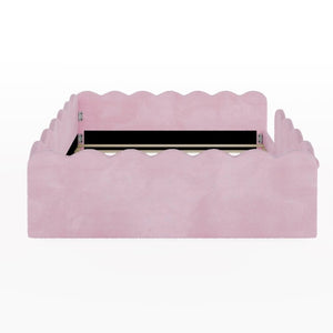 English Elm Full Size Kids Floor Bed Plush Upholstered Frame with Padded Wave Guardrails Pink SF000225AAH