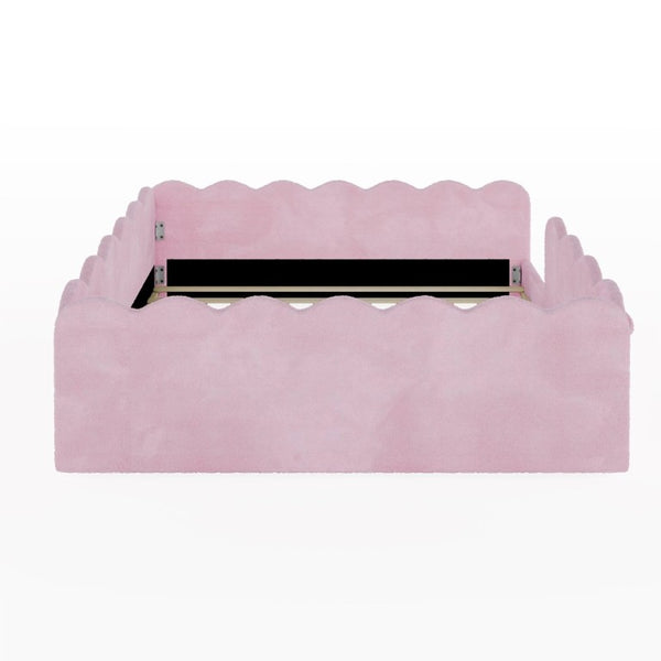 English Elm Full Size Kids Floor Bed Plush Upholstered Frame with Padded Wave Guardrails Pink SF000225AAH