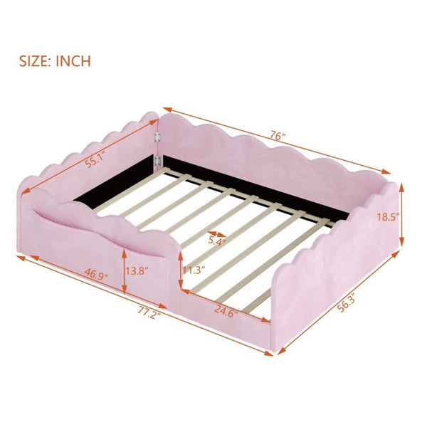 English Elm Full Size Kids Floor Bed Plush Upholstered Frame with Padded Wave Guardrails Pink SF000225AAH