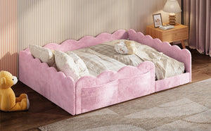 English Elm Full Size Kids Floor Bed Plush Upholstered Frame with Padded Wave Guardrails Pink SF000225AAH