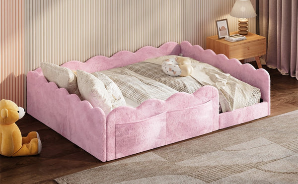 English Elm Full Size Kids Floor Bed Plush Upholstered Frame with Padded Wave Guardrails Pink SF000225AAH