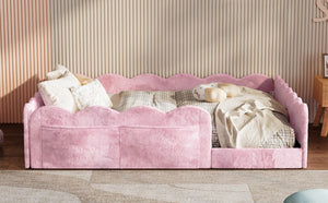 English Elm Full Size Kids Floor Bed Plush Upholstered Frame with Padded Wave Guardrails Pink SF000225AAH