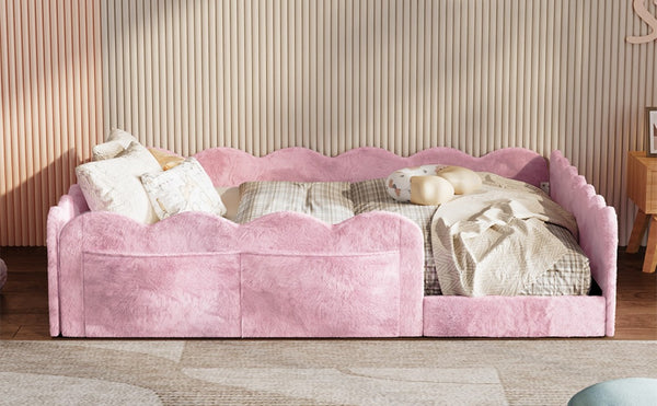 English Elm Full Size Kids Floor Bed Plush Upholstered Frame with Padded Wave Guardrails Pink SF000225AAH