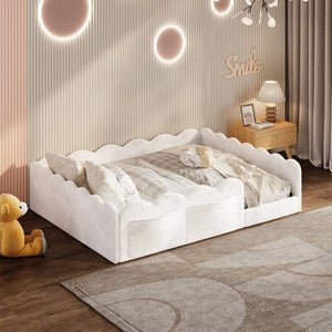 English Elm Full Size Kids Floor Bed Plush Upholstered Frame with Padded Wave Guardrails White SF000225AAK