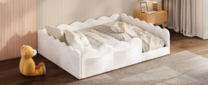 English Elm Full Size Kids Floor Bed Plush Upholstered Frame with Padded Wave Guardrails White SF000225AAK