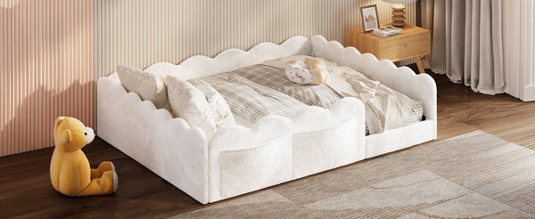 English Elm Full Size Kids Floor Bed Plush Upholstered Frame with Padded Wave Guardrails White SF000225AAK